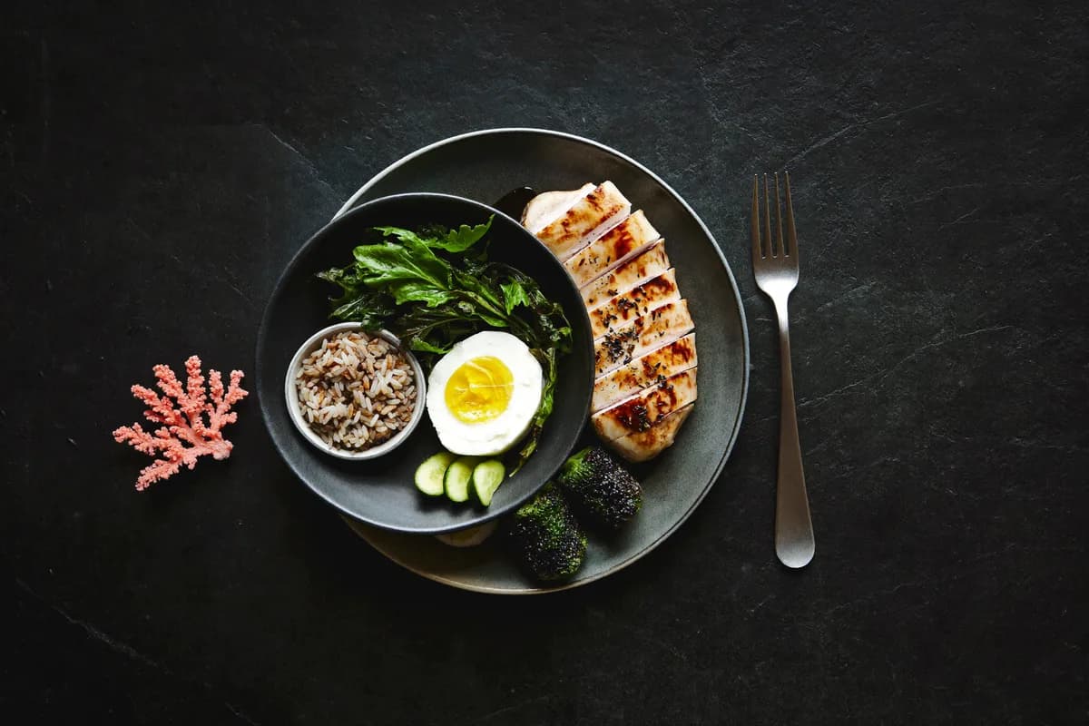 Clean overhead of a healthy high-protein meal on a dark stone surface, moody directional light, one small coral prop accent, editorial food photography